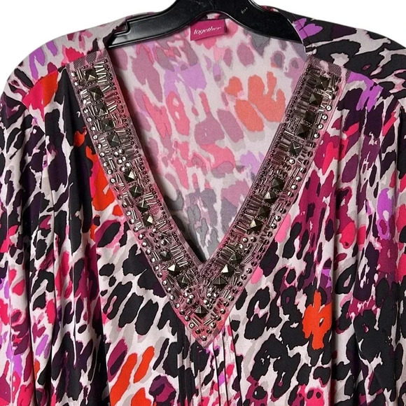 Y2K TOGETHER boho oversized beaded top Aztec,abstract,multicolored,V neck - Picture 2 of 16